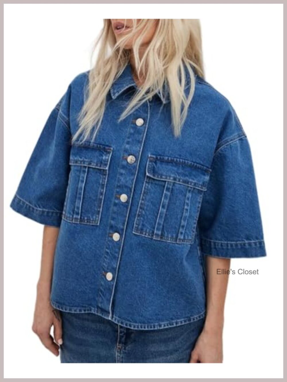 Oversized Jean Jacket Short Sleeve Button Down Denim Shirt Cotton Blend